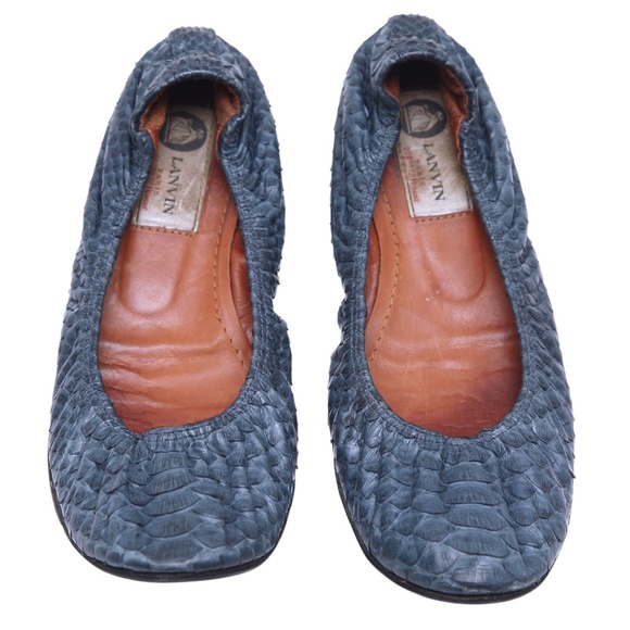 LANVIN Ballet Flats Blue Python Leather Stretch Slip On Flat Exotic Sz 37.5 - Picture 5 of 14
